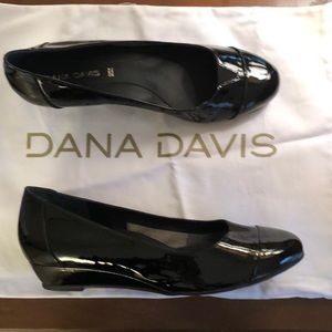 Black patent low wedge heels